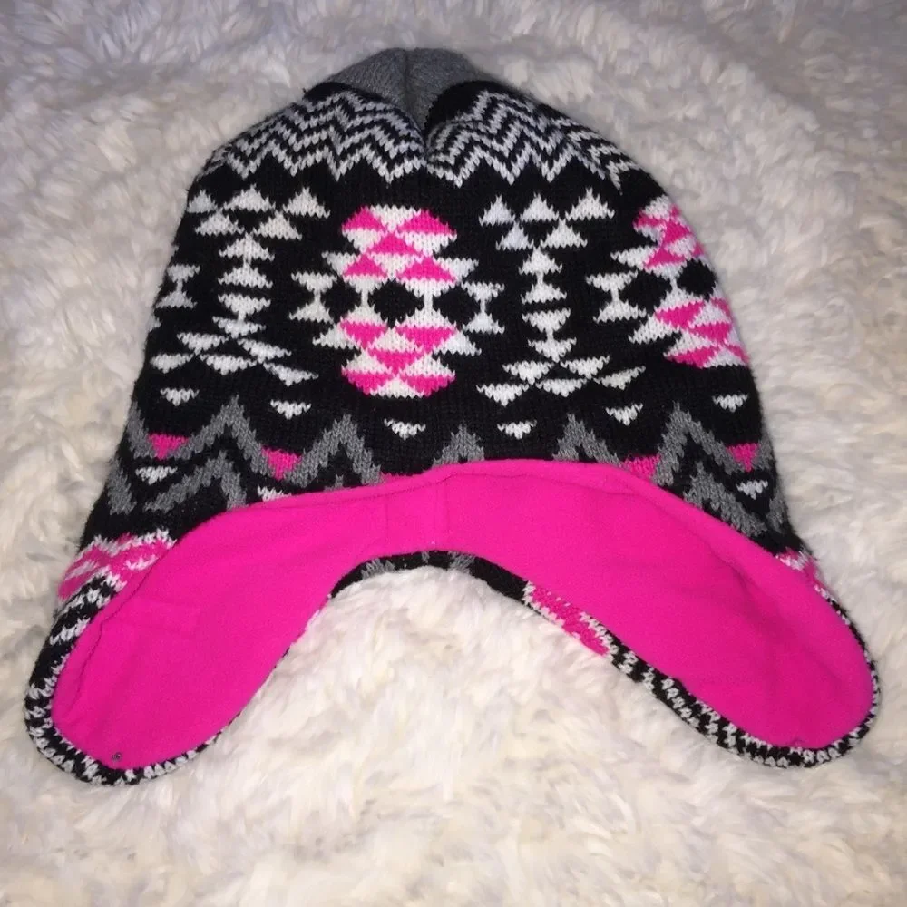 4/$20 Swiss Tech Knit Hat Ear Flaps Hot Pink Black One Size Fits Most